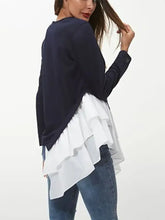 Ivy Lane tiered contrast round neck long sleeve navy top with white ruffled hem