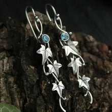 Silver ivy leaf alloy dangle earrings with blue gemstones