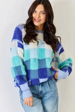 J.NNA Checkered Round Neck Long Sleeve Sweater Blue Multi Sweater Pullovers