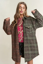J.NNA tweed plaid contrast longline shacket in brown green hues