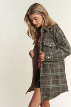 Gray tweed plaid contrast longline shacket with button closure