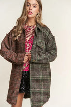 Brown J.NNA tweed plaid contrast longline shacket with oversized sleeves