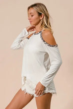 Jersey Knit Cold Shoulder Top with Leopard Neckline White Long Sleeve Woman T Shirts