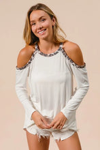 Jersey Knit Cold Shoulder Top with Leopard Neckline White Long Sleeve IVORY