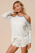 Jersey Knit Cold Shoulder Top with Leopard Neckline White Long Sleeve Woman T Shirts