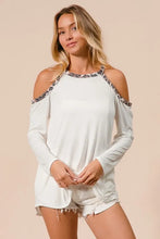 Jersey Knit Cold Shoulder Top with Leopard Neckline White Long Sleeve