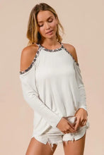 Jersey Knit Cold Shoulder Top with Leopard Neckline White Long Sleeve Woman T Shirts