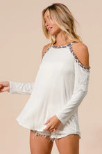 Jersey Knit Cold Shoulder Top with Leopard Neckline White Long Sleeve