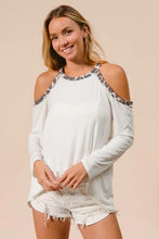 Jersey Knit Cold Shoulder Top with Leopard Neckline White Long Sleeve