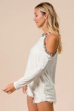 Jersey Knit Cold Shoulder Top with Leopard Neckline White Long Sleeve Woman T Shirts