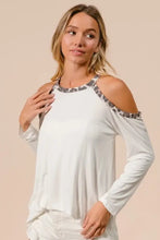 Jersey Knit Cold Shoulder Top with Leopard Neckline White Long Sleeve Woman T Shirts