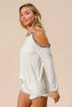 Jersey Knit Cold Shoulder Top with Leopard Neckline White Long Sleeve
