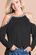 Jersey Knit Cold Shoulder Top with Leopard Print Trim BLACK