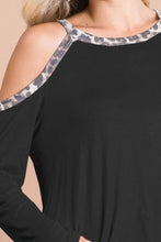 Jersey Knit Cold Shoulder Top with Leopard Print Trim