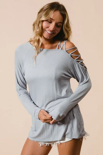 Jersey Knit One Shoulder Top with Criss Cross Detail HEATHER GREY