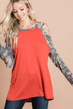 Jersey Knit Top with Camouflage Laser Cut Sleeves for Women RUST