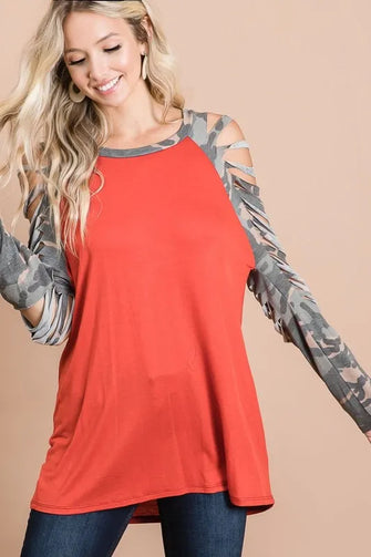 Jersey Knit Top with Camouflage Laser Cut Sleeves for Women RUST