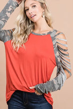 Jersey Knit Top with Camouflage Laser Cut Sleeves for Women