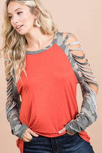 Jersey Knit Top with Camouflage Laser Cut Sleeves for Women
