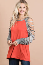 Jersey Knit Top with Camouflage Laser Cut Sleeves for Women