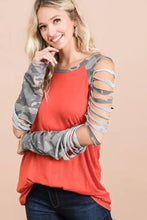 Jersey Knit Top with Camouflage Laser Cut Sleeves for Women Woman T Shirts
