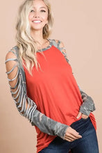 Jersey Knit Top with Camouflage Laser Cut Sleeves for Women Woman T Shirts