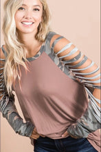 Jersey Knit Top with Camouflage Laser Cut Sleeves MOCHA BROWN