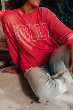 Red ribbed knit jolly textured christmas sweatshirt with white outlined lettering made of slightly stretchy material