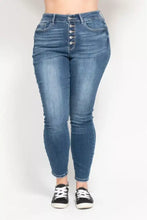 Judy Blue full size high rise skinny jeans in blue denim with button fly and five silver buttons down the front