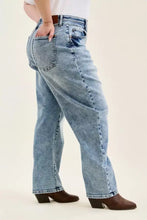 Light-wash judy blue full size high waist marlow arc leg jeans with relaxed straight leg and classic back pockets