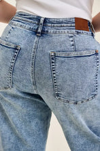 Light-wash judy blue full size high waist marlow arc leg jeans with double waistband and brown leather patch