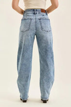 Back view of judy blue light-wash denim high-rise full size arc leg jeans with double waistband and brown leather belt loop