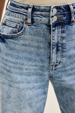 Medium-wash blue denim judy blue full size high waist arc leg jeans with classic five-pocket design and silver buttons