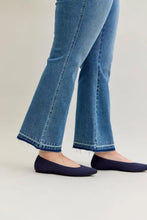 Navy blue flat ballet flats paired with judy blue mid rise slim bootcut tummy control release hem jeans plus size