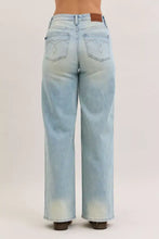 Light-wash judy blue high waist column straight jeans with wide-leg cut and subtle fading at the cuffs