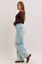 Light-wash judy blue high waist column straight jeans with five-pocket design and slightly faded distressed look
