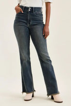 Dark-wash denim judy blue high waist flare jeans with double button and frayed hem detailing