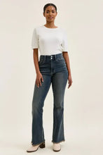 Judy Blue high waist dark wash denim jeans with flared leg and frayed hem detailing