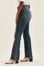 Judy Blue high waist dark wash denim jeans with flared leg and frayed hem perfect for stylish casual wear