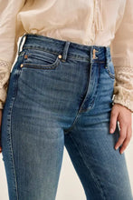 High-waisted blue denim judy blue flare jeans with double button tummy control and gold-tone hardware in classic five-pocket design