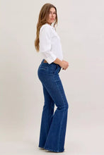 Blue denim high waist flare jeans with classic faded wash and visible stitching details by Judy Blue