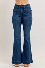 Dark blue judy blue high-waisted flare jeans featuring classic front pockets in denim material