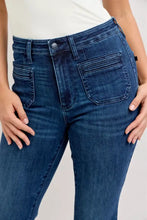 Dark blue denim judy blue high-waisted flare jeans with front pockets and classic button closure