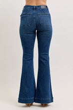 Blue denim judy blue high-waisted flare jeans showing classic back pockets and front pockets detail