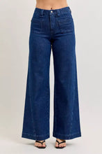 Dark blue denim judy blue high-waisted retro wide jeans with patch pockets and twisted seams wide jeans design