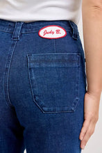 Blue denim Judy Blue high-waisted retro wide jeans with white oval patch and red embroidered brand name on front pocket