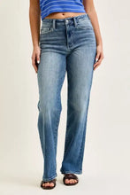 High-rise blue denim judy blue 90s straight jeans with straight-leg cut and frayed hems for casual wear
