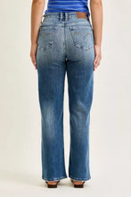 Blue denim judy blue mid rise 90s straight jeans showing faded wash and classic back pockets from the back side