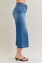 Blue denim culottes with classic wash and rolled cuffs in judy blue mid rise crop wide leg jeans design