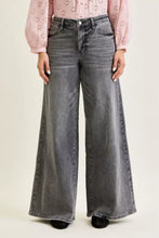 Wide-leg gray denim palazzo pants with faded wash and classic five-pocket design by Judy Blue mid rise